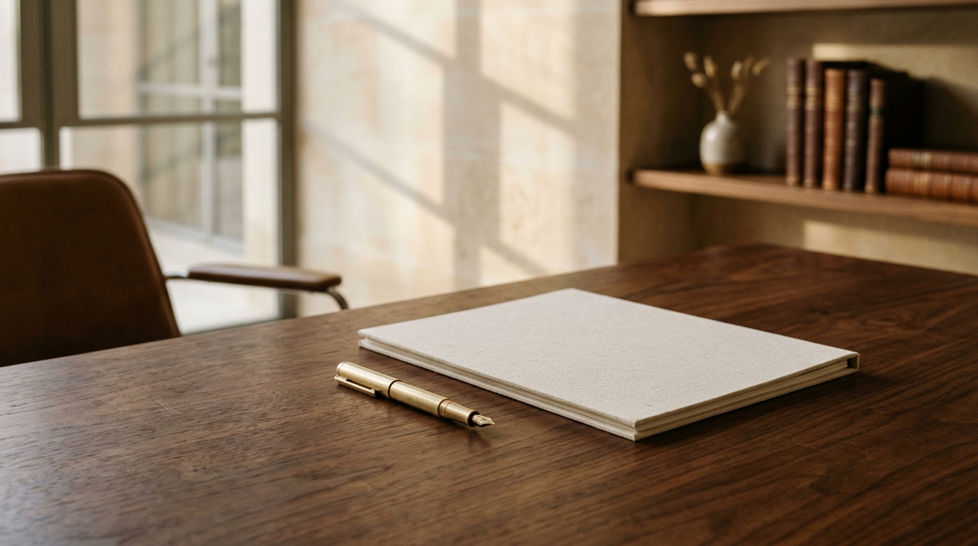 Walnut executive desk with cream linen dossier and brushed brass pen